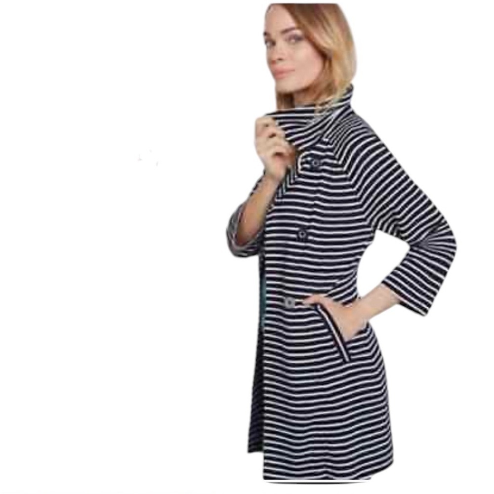 Cabi Navy White Front Buttons Pockets Striped Nautical Trench Coat Size Medium